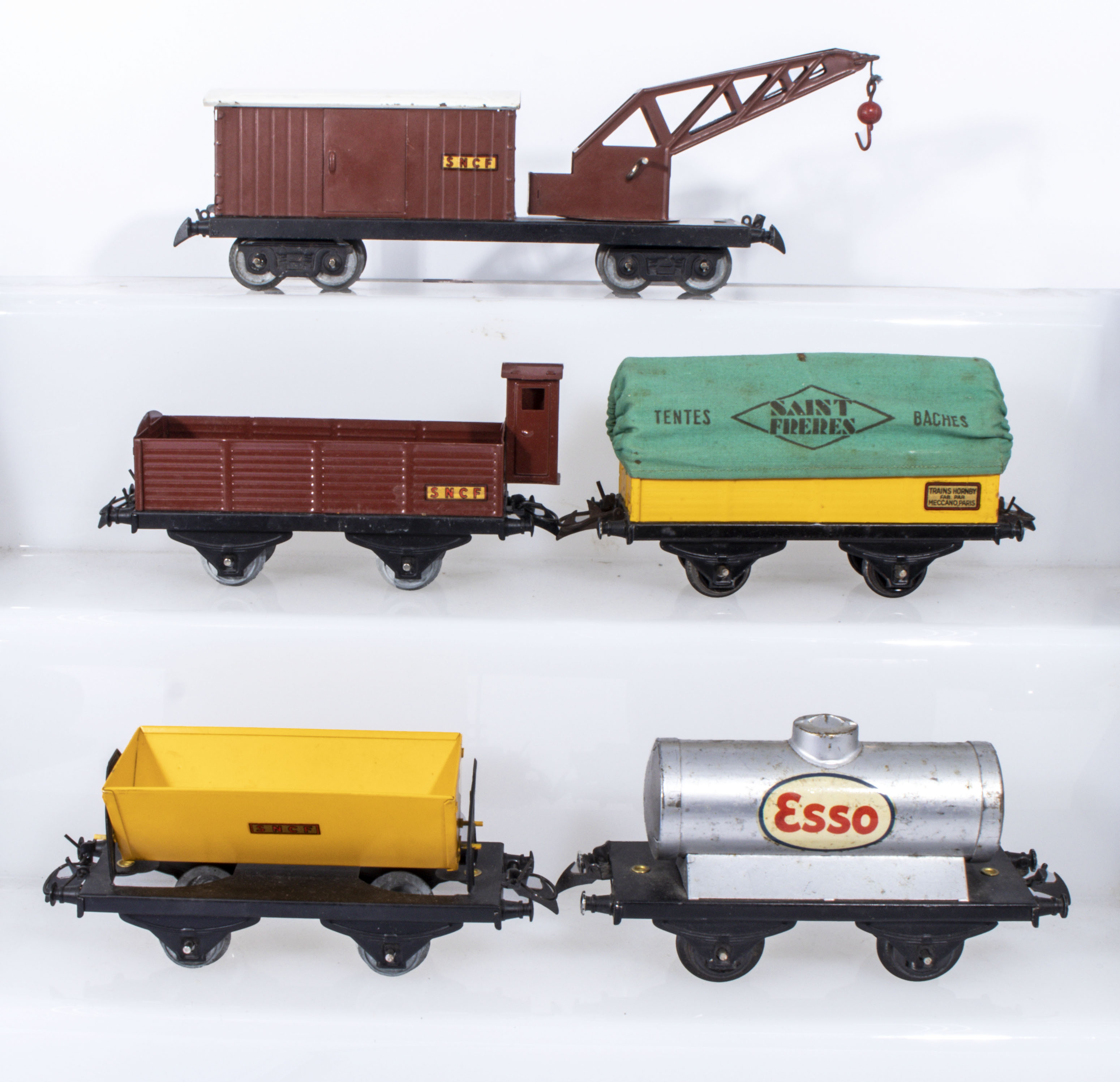 French Hornby O Gauge Breakdown Van and Crane ,Cattle Wagon, Covered Wagon, Tipping Wagon and ESSO