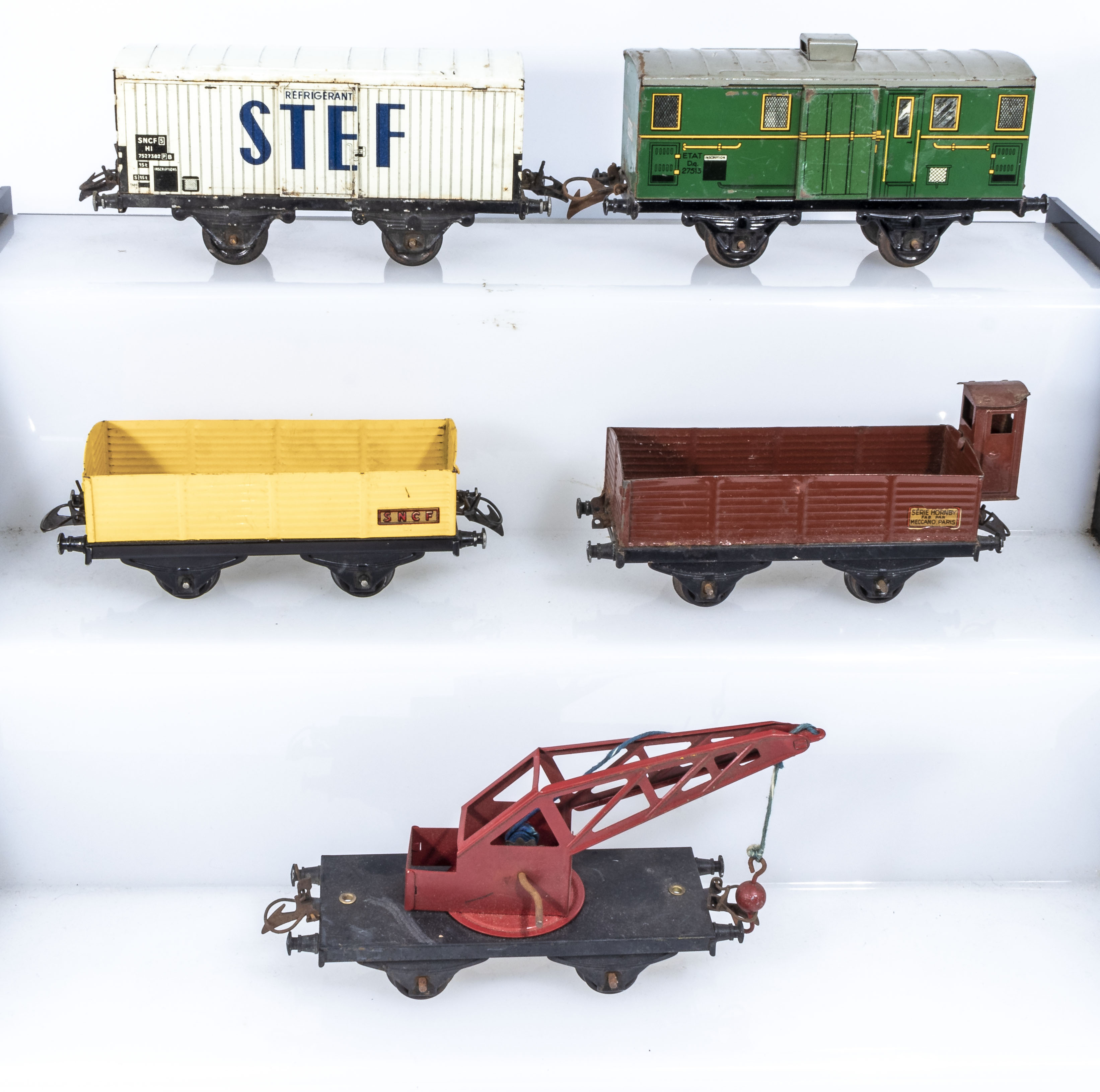 French Hornby O Gauge Refrigerated Wagon, Luggage Van, Open Wagon, Cattle Wagon and Crane Truck