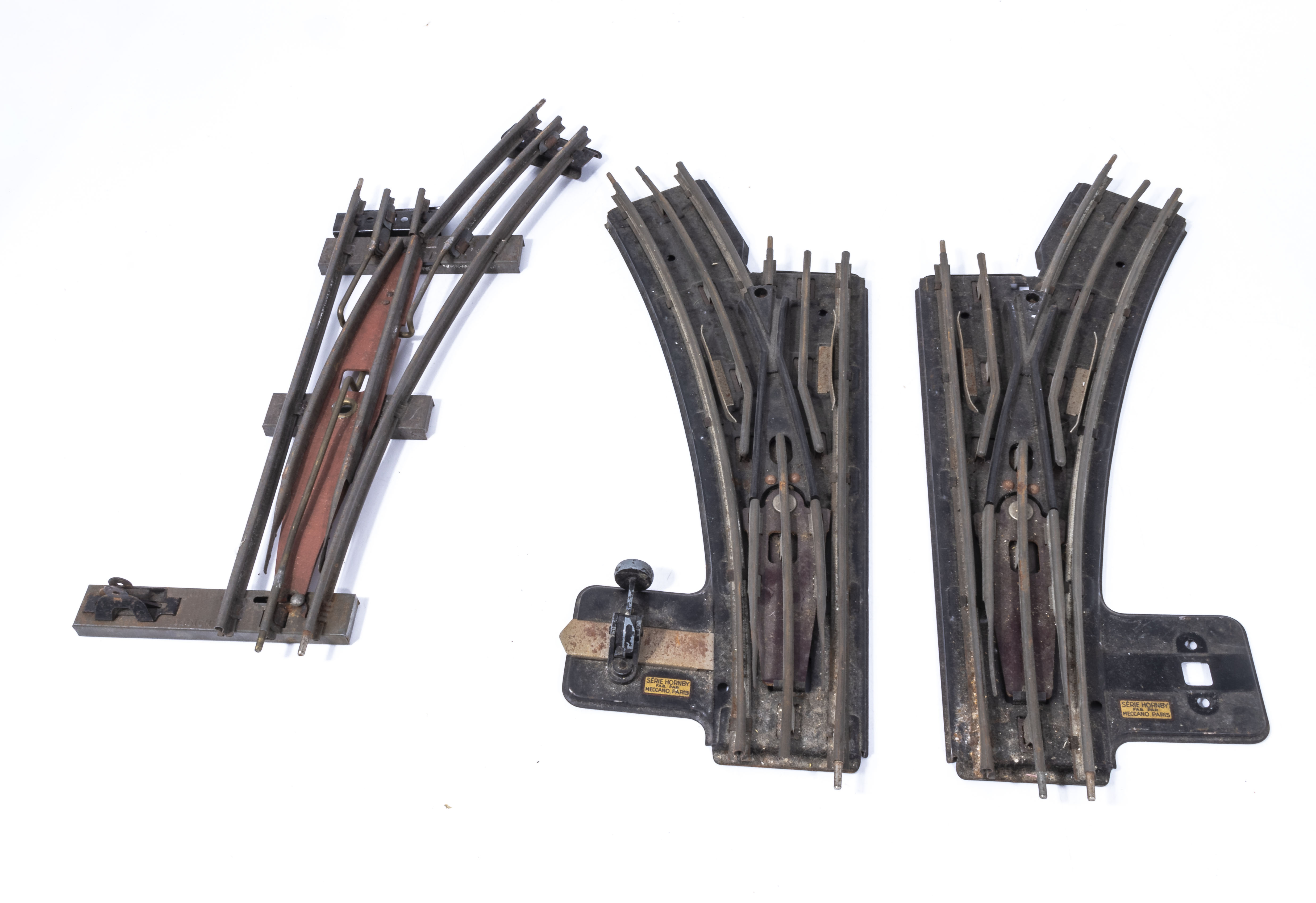 French Hornby O gauge right and left points together with one other