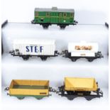 French Hornby O Gauge Luggage Van, Refrigerated Wagon, Primagaz Wagon, Open Wagon and a Tipping