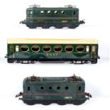 French Hornby SNCF BB 8051 locomotives and a 1st and 2nd class carriage, shells only