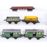 French Hornby O Gauge Low Sided Wagon, ETAT Open Wagon, Tipping Wagon, and two Luggage Vans