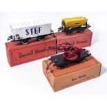 French Hornby O gauge wagons, STEF refrigerated wagon, tipper wagon and a crane all boxed