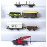 Vintage Hornby O gauge log wagon, dumper wagon, coach, refrigerated van, Jep flat bed and a crane