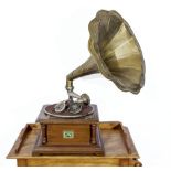 A His Masters Voice trumpet style wind up record player