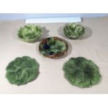Two cabbage Portugal leaf bowls and three leaf plates