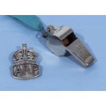 Hallmarked silver A.R.P. Badge (London 1936) together with a whistle