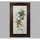 A watercolour depicting apples and foliage in a carved oak frame, indistinct signature possibly