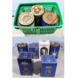 Six Bells whisky commemorative bottles and three empty tins