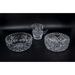 Two crystal glass bowls and a jug