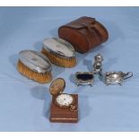 A pair of silver backed clothes brushes with leather case, gold plated pocket watch, silver plated
