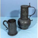 An unusual lidded German pewter tankard with applied German coins and inscription together with a