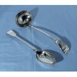 A silver plated ladle and serving spoon