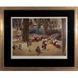 A large framed lithograph print of the Coronation by Sir Terrence Cuneo. Signed by the artist bottom