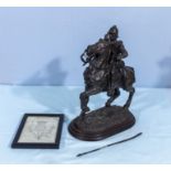 A small bronze resin model of the Galashiels horse and reiver together with copy of the Raiders poem
