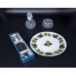 A royal Worcester Hop cake plate and server together with a perfume bottle and a lidded bowl