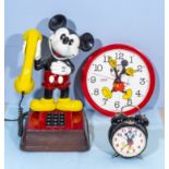A Mickey Mouse telephone, wall clock and alarm clock, A/F