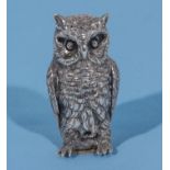 A German silver owl pepperette, marked 925, 63gms, 6cm tall