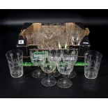 A quantity of etched drinking glasses