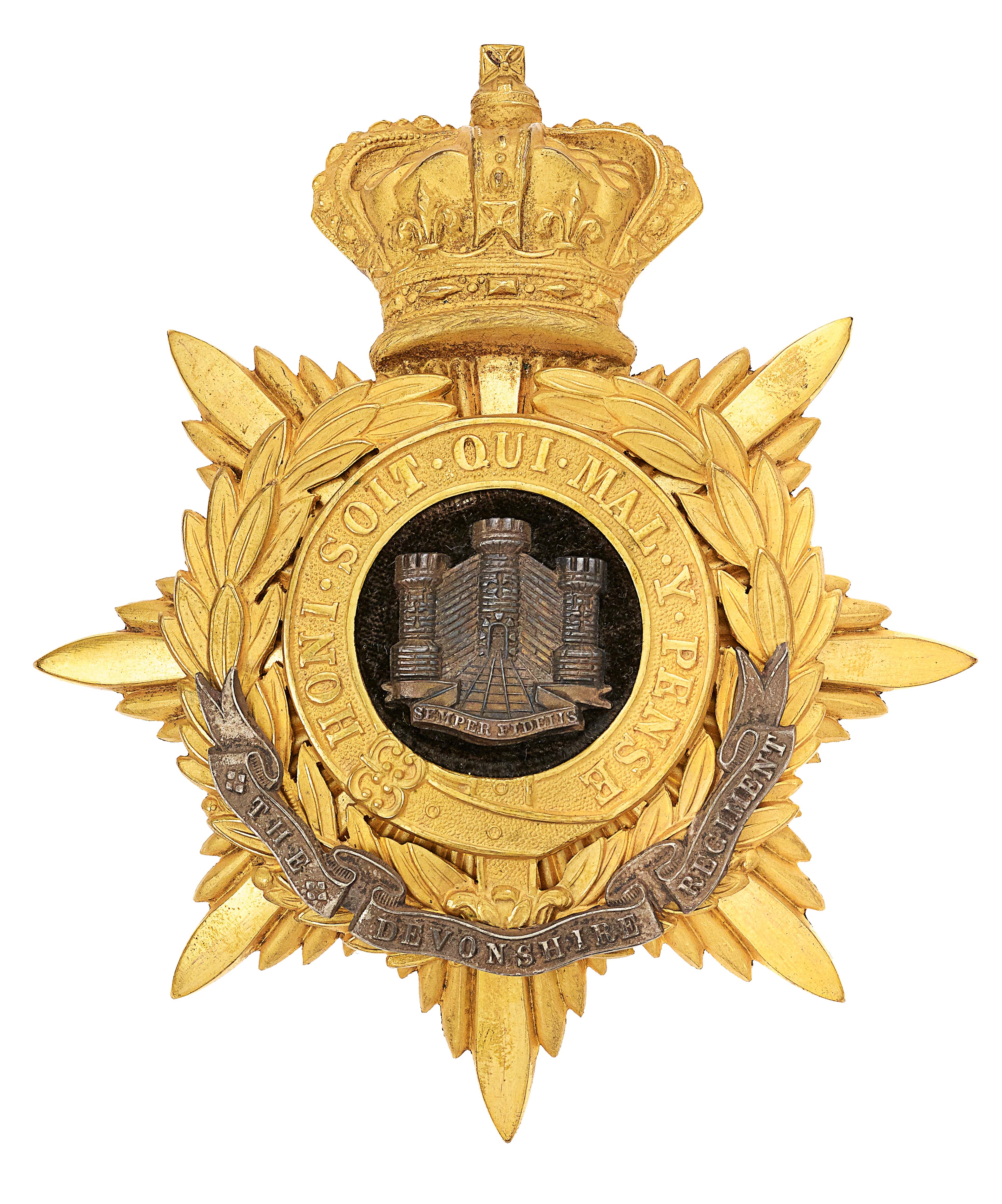 Devonshire Regiment Victorian Officers helmet plate circa 1881-1901. Fine rich gilt crowned star