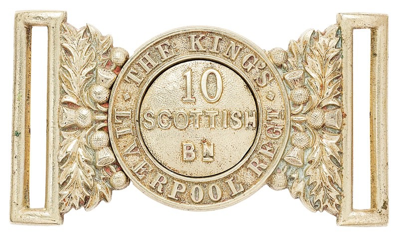 10th (Scottish) Bn. The King's (Liverpool Regiment) post 1908 waist belt clasp. Good scarce nickel