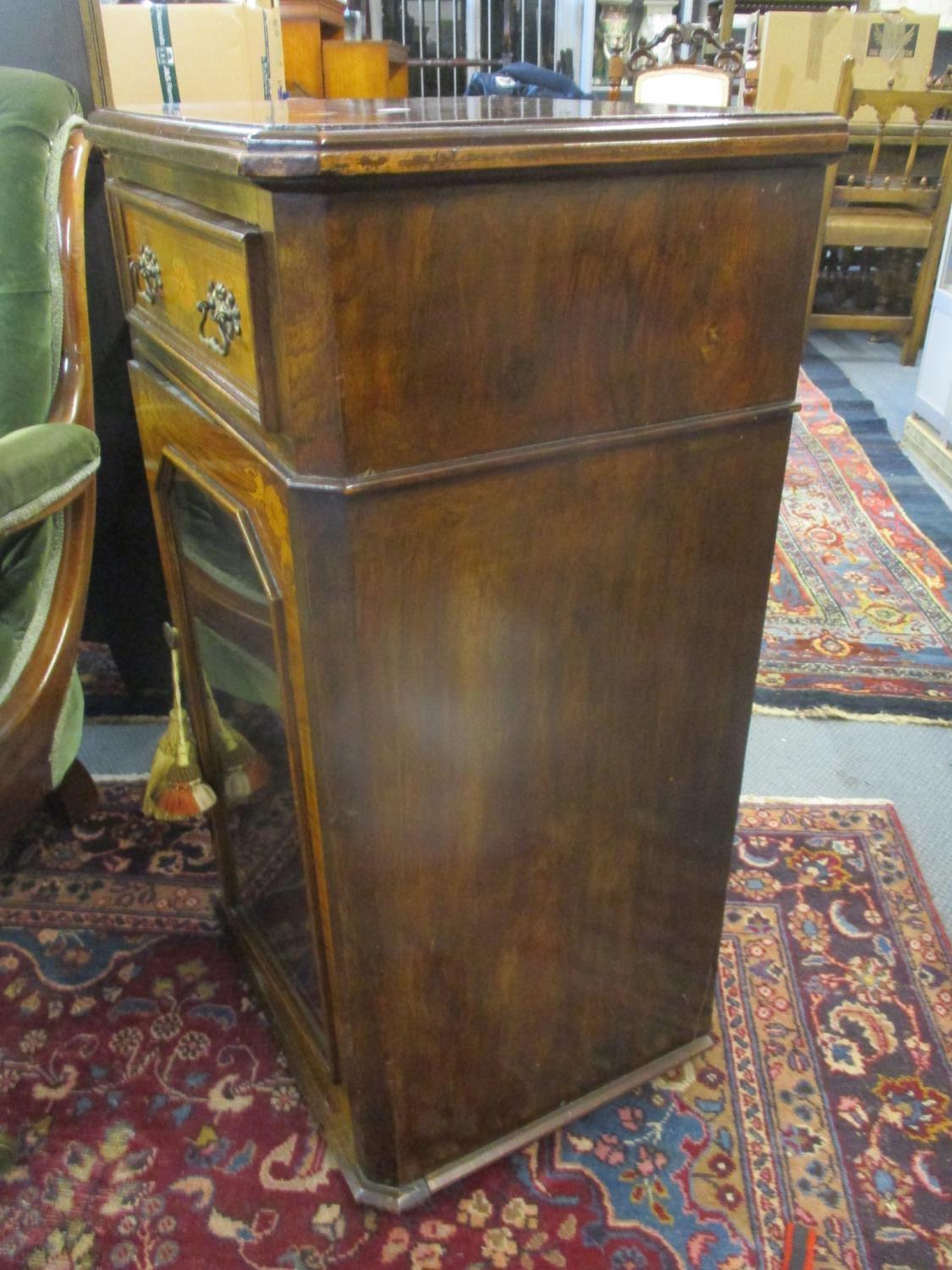 A Victorian walnut and marquetry pier cabinet with a drawer and a glazed door, on later feet 90 h - Image 3 of 3