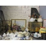 Brass fireside dogs and accessories, a brass coal bucket, mixed watercolours, ceramics to include
