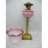 A Victorian brass oil lamp, British Duplex, having a rose glass reservoir, a clear glass funnel