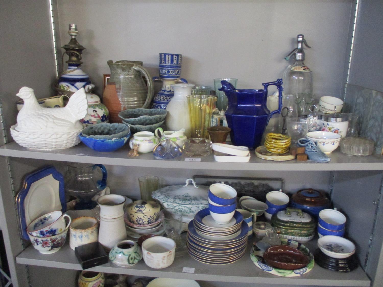 A mixed lot of ceramics and glassware to include Chance Bros dishes, studio pottery and other items