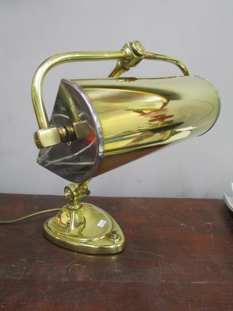 An Art Nouveau brass desk lamp with brass and silver plated shade, adjustable curved column on heart - Image 2 of 5