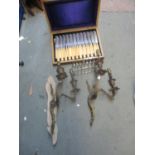 Metalware to include as silver plated fish knife and fork set, cased, a pair of gilt metal twin