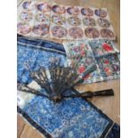 Oriental items to include Chinese embroidered panels, a silk picture, the guards and sticks to a fan