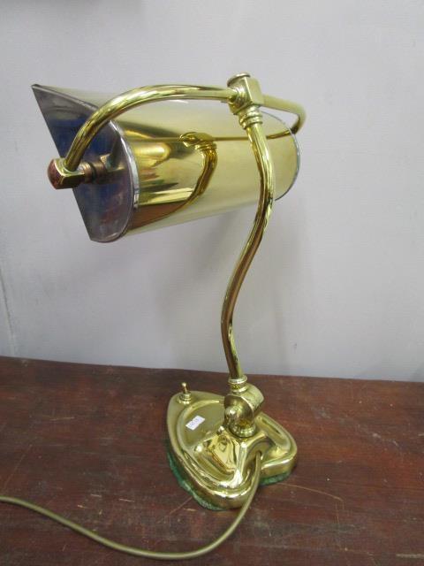 An Art Nouveau brass desk lamp with brass and silver plated shade, adjustable curved column on heart - Image 3 of 5