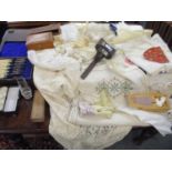 Mixed lot of linen and lace, a stereoscope, Mauchline box and other items