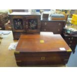 A Japanese inlaid wooden table top cabinet, twin doors revealing six interior drawers and base