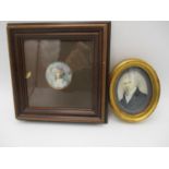 Two framed portrait miniatures, one depicting a lady wearing a wig and hat, possibly 18th century
