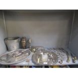 A selection of white metal and silver plated items to include a set of six white metal spoons, a