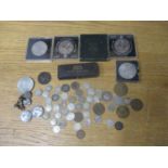 Coins, a Maundy money box 1903 containing one coin, commemorative and silver coins