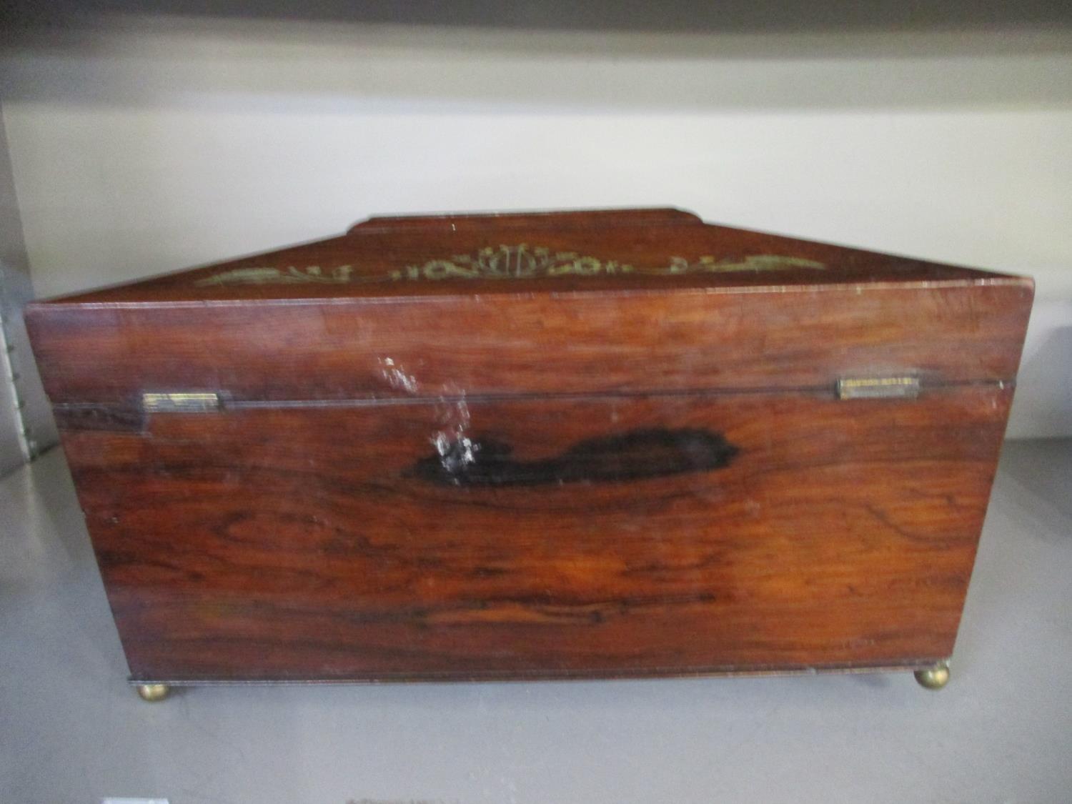 A Regency rosewood and floral mother of pearl inlaid sarcophagus tea caddy, the fitted interior with - Image 4 of 4