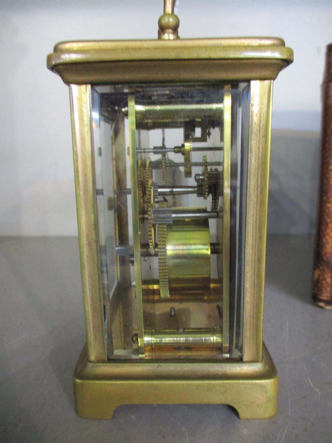 A French brass cased carriage clock, five windows, presentation inscription to top, in leather box - Image 2 of 4