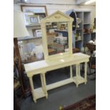 A modern cream side/hall table having mirror above with gilt highlights 185 h x 152cm w