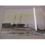 David Short - Moored boats at shore and fisherman, a watercolour, 36 x 25cm, signed lower left