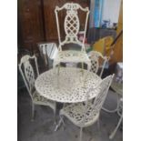 An aluminium white painted garden table 69 h x 99cm w together with four chairs