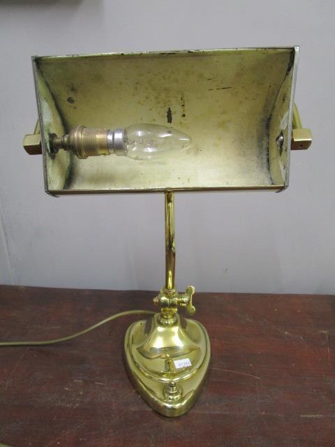 An Art Nouveau brass desk lamp with brass and silver plated shade, adjustable curved column on heart - Image 5 of 5
