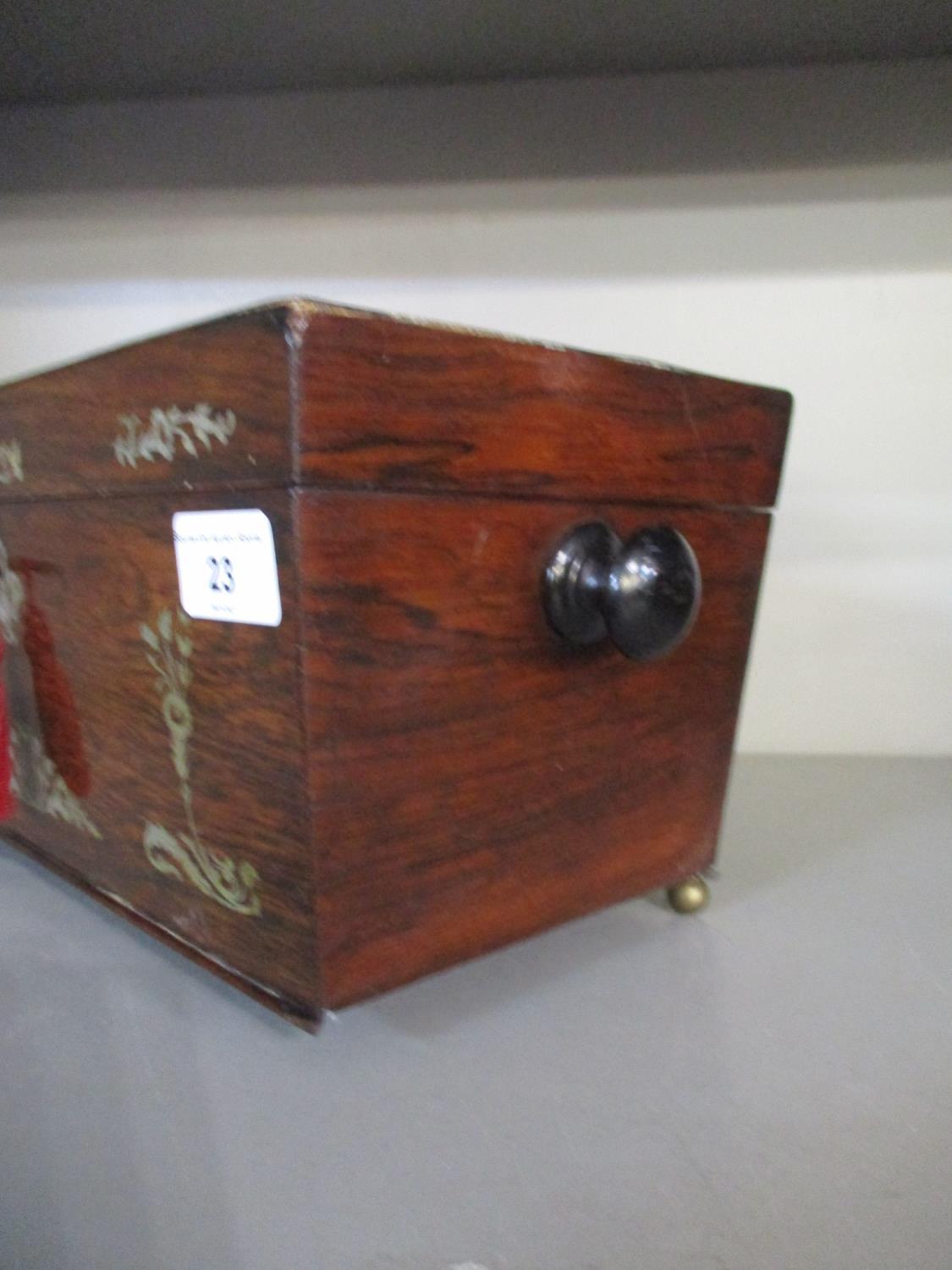 A Regency rosewood and floral mother of pearl inlaid sarcophagus tea caddy, the fitted interior with - Image 3 of 4