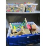 Three boxes of wooden Brio, Early Learning Centre wooden trains and track and Thomas the Tank Engine