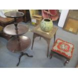 A mixed lot to include an early 20th century mahogany dumb waiter A/F, a Victorian stool, an