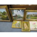 A small quantity of oils on board depicting landscapes, an owl and a still life