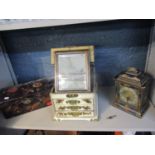 An Oriental lacquered box in the form of a casket together with an Oriental chinoiserie cased mantle