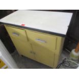 A retro painted kitchen cabinet with a metal top 66.5 h x 76.5cm w together with an oak sideboard